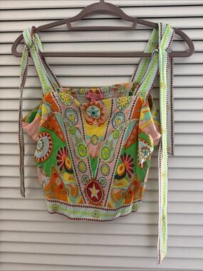 Rose & Olive Green Pink Orange Floral Tie-Shoulder Crop Top